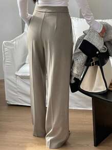 DAZY 女士纯色系带阔腿裤，带口袋，商务正装裤 - 卡其色 - 查看 2