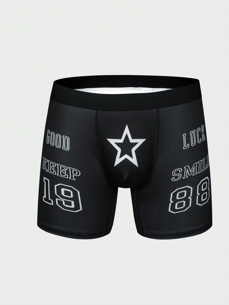 Men'S Star & Letter Printed Boxer Briefs - Black and White - View 1