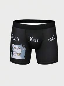 Men'S Letter & Cat Print Boxer Briefs - Black and White - View 1