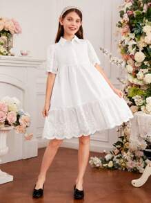 Tween Girls' Lace-Up Collar Half Placket Embroidered Lace & Woven Patchwork Hollow Out Dress - White - View 6