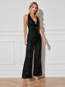 狂歡會深v領閃亮亮螢光紋鑲嵌交叉綁帶背心寬腿連體褲 - 黑色 - 查看 3