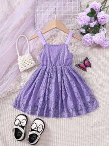 嬰幼女孩蕾絲肩帶連身裙 - 紫色 - 查看 1