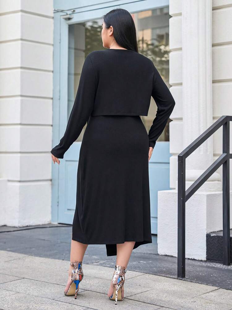Dazy Plus Plus Size Wrap Long Sleeve Crop Top & High-Slit Cami Dress 2pcs Set Vacation Lounge Sets For Women
