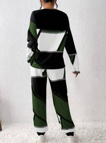 SHEIN Unity Women's Contrast Color Round Neck Long Sleeve Top And Pants Two Piece Set - Green - View 2