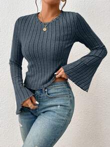 SHEIN Frenchy Women's V-Neck Ribbed T-Shirt With Flare Sleeves - Dusty Blue - View 4