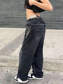 NVFelix 2025年夏季女款刺绣黑色紧身直筒牛仔裤 - 时尚舒适美式版型，带口袋 - 黑色 - 查看 3