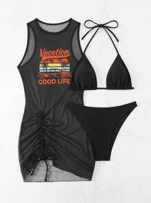 Swim Vcay Của phụ nữ Lá thư & bản in cây cọ Halter Neck Bộ Bikini Liên hoan âm nhạc - màu đen - Xem 5