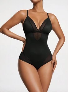 Body de mujer con tirantes finos de contraste de malla y efecto estilizante - Negro - Ver 4