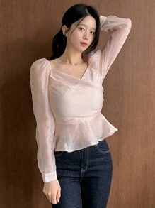 DAZY 女式甜心领口修腰长袖上衣 - 杏色 - 查看 8