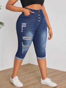 SHEIN SXY Plus Size Women's Distressed Denim Capri Pants - Blue - View 6