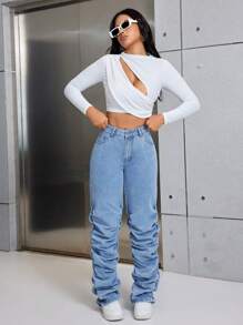 SHEIN SXY Women's Pleated Denim Jeans - Blue - View 5