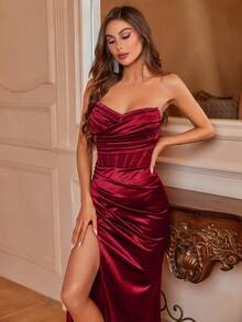 Faeriesty 褶饰前开衩缎面抹胸派对连衣裙 - 酒紅色 - 查看 6