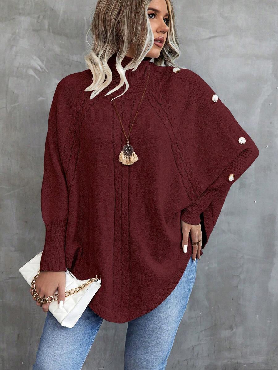 Calvaya Plus Size Women's Asymmetrical Hem Raglan Sleeve Sweater - Burgundy - View 1