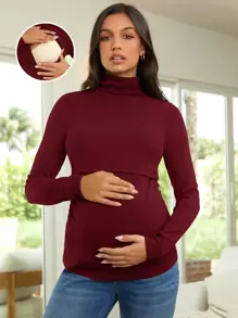 SHEIN Maternity High Collar Long Sleeve Nursing Function T-Shirt - Burgundy - View 1
