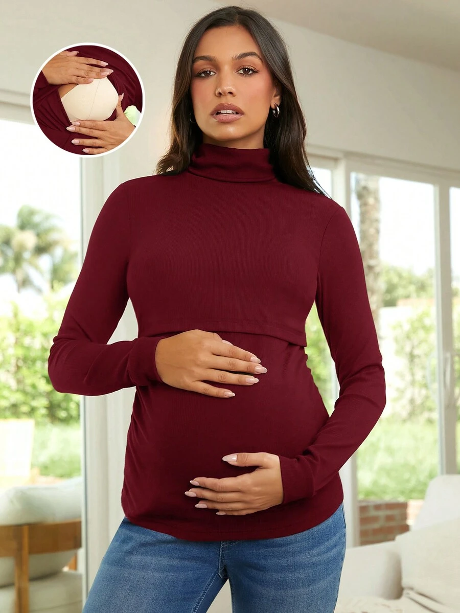 SHEIN Maternity High Collar Long Sleeve Nursing Function T-Shirt - Burgundy - View 1