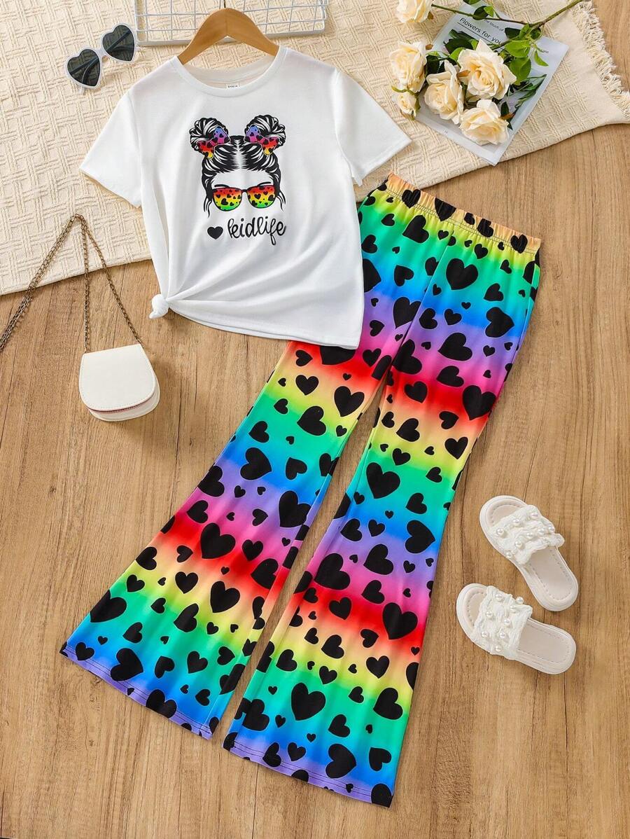 SHEIN Cô gái Tween Nhân vật & Lá thư In Ngắn tay Áo Và Tim In Bóng Quần loe Bộ - Nhiều màu - Xem 1