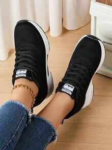 Women's Fashionable Personalized Daily Casual Sport Shoes With Breathable, Slip-Resistant, Height Increasing, Wear-Resistant Features And Wedge Heels - Black - View 1