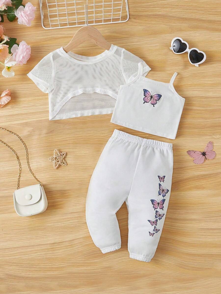 SHEIN 嬰幼女寶寶蝴蝶圖案背心,褲子和網狀襯衫套裝,3入組 - 白色 - 查看 1