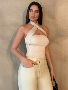 SHEIN X Jessie SHEIN Essnce Solid Color Sleeveless Knitted Halterneck Top - Apricot - View 5