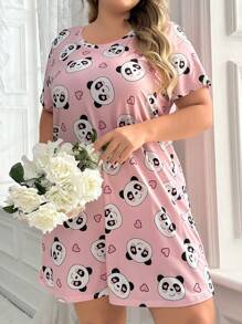 SHEIN Váy ngủ tay ngắn in hình gấu trúc dễ thương cỡ lớn, váy ngủ Moo Moo. - Hồng - Xem 3