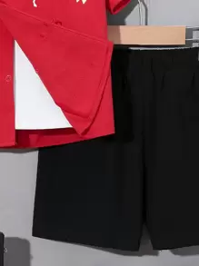 SHEIN Conjunto Casual De Dos Piezas Hanfu Estilo Chino Con Estampado, Para Niño Joven. Incluye Camisa De Manga Corta Con Cuello Alto Y Pantalones