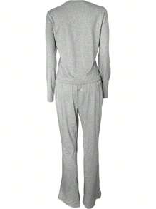Women's Plain Slim Fit Two Piece Set Including Crop Top With Long Sleeves And High Waist Trousers