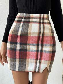 SHEIN Essnce Women's Plaid Skirt - Red - View 3