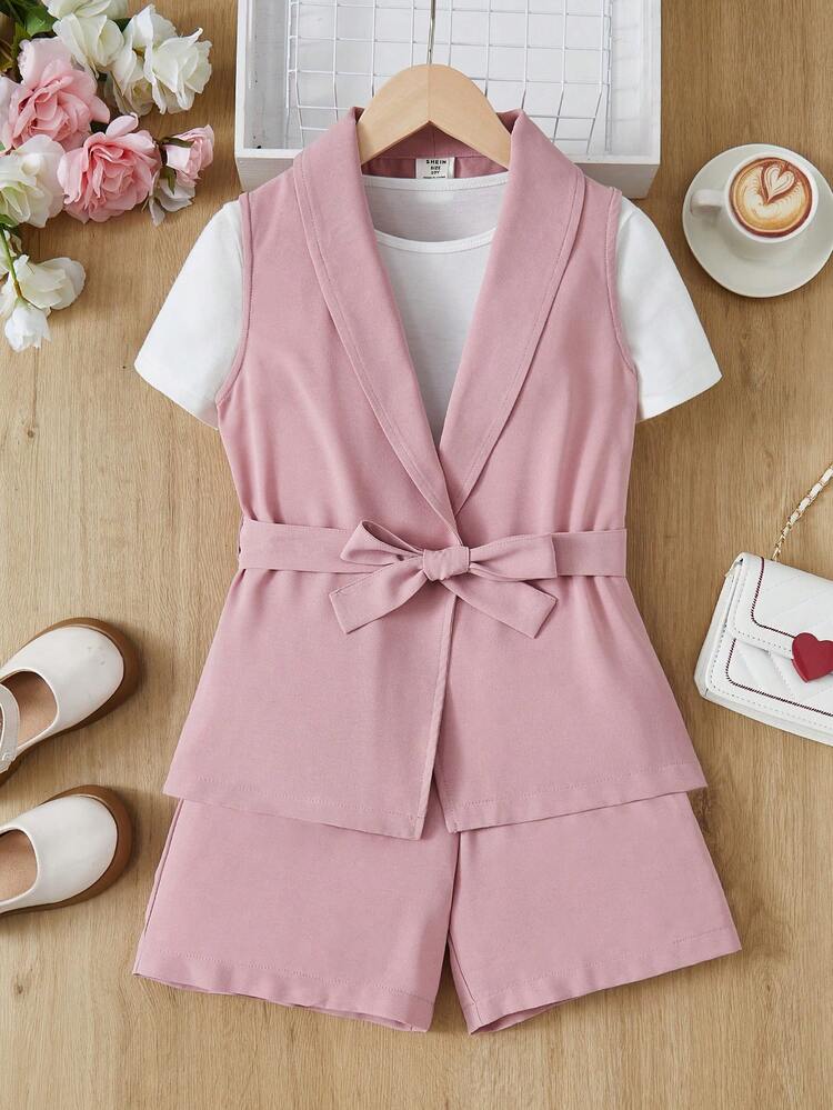 Tween Girls' Suit Vest With Detachable Belt, Short Sleeve Knitted T-Shirt And Shorts 3pcs/Set