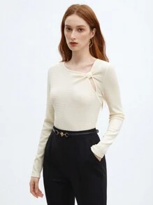SHEIN BIZwear Women's Asymmetrical Neckline Solid Color T-Shirt - Apricot - View 6