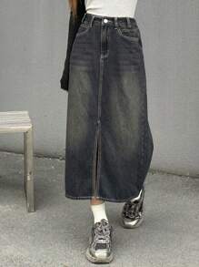 DAZY Washed High-Low Hem Loose-Fit Denim Skirt With Slanted Pockets