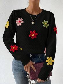 SHEIN Essnce 女士3D立体花朵装饰针织套头衫秋冬毛衣 - 黑色 - 查看 1