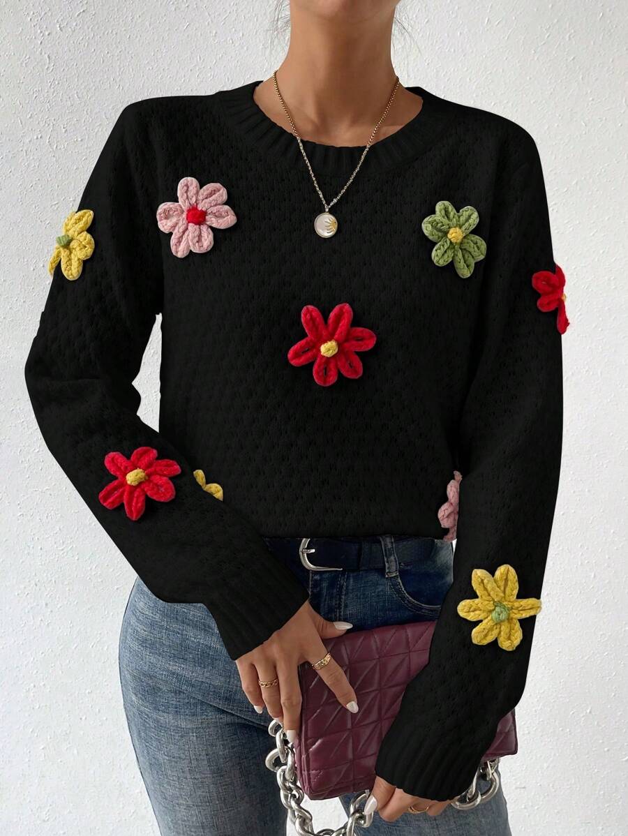 SHEIN Essnce 女士3D立体花朵装饰针织套头衫秋冬毛衣 - 黑色 - 查看 1