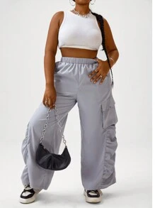 Flirla Plus Size Solid Color Cargo Pants With Pleated Detail Fall Cloth For Women - Light Grey - View 4