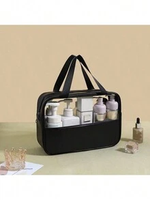 Waterproof Transparent Toiletry Bag With Pu Trim Cosmetic Bag Travel Portable Handbag Large Capacity Bathing Storage Bag - Black - View 1