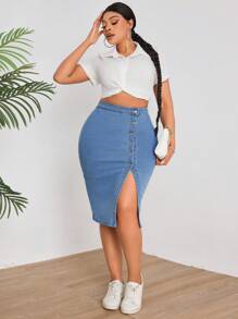 SHEIN SXY Plus Size High Waisted Denim Skirt With Upward Buttons - Light Wash - View 4
