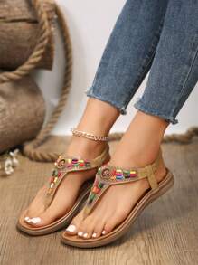 Outdoor European And American Style Rhinestone Thong Flat Sandals For Women - Khaki - View 3