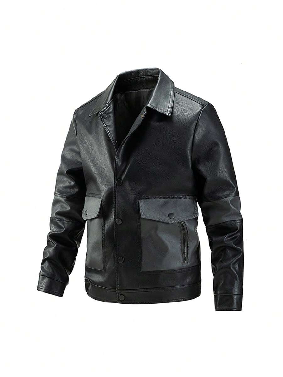 男士休閒pu皮外套,立領款式 - 黑色 - 查看 1
