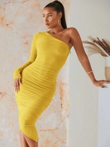 SHEIN BAE 女士单肩长袖褶皱紧身连衣裙 - 黃色 - 查看 1