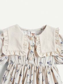 Cozy Pixies Baby Girl Short Sleeve Floral Pattern Dress With Ruffle Hem And Hat Set - Apricot - View 7
