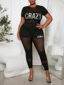 Slaydiva 大尺碼女性字母印花網眼短袖上衣和長褲套裝 - 黑色 - 查看 3