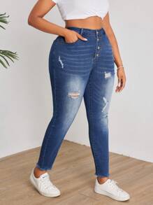 SHEIN SXY Kích thước lớn Đau khổ Thon gọn Quần jean - Rửa tối - Xem 2