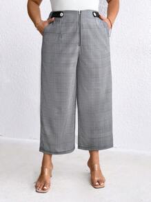 SHEIN LUNE Plus Size Women's Zipper Fly Plaid Checked Pants - Grey - View 3