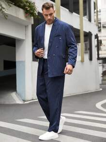 GENTILAND 男士加大碼條紋西裝外套,配有缺口衣領和長褲編織休閒套裝 - 藏蓝色 - 查看 5
