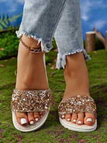 Women'S Rhinestone & Sequin Decor Comfy Lightweight Flat Sandals With Style T-Strap, Summer, Random Color - Brown - View 3