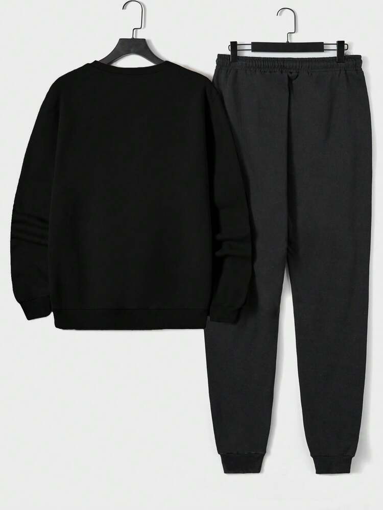 RueChic Men's Letter Printed Sweatshirt And Sweatpants Set - Black - View 2