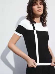 SHEIN BIZwear 女士秋季撞色短袖针织上衣，浪漫优雅日常时尚百搭商务休闲通勤时尚复古风办公室着装，适合女士、教师，针织毛衣 - 黑與白 - 查看 5