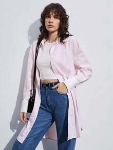 BizChic Của phụ nữ Sọc Váy sơ mi - Hồng - Xem 7