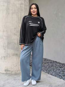 Dazy Plus 加大码宽松街头风格字母印花 T 恤，插肩袖拼接设计长袖女式上衣，秋季女装 - 黑色 - 查看 7