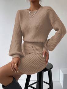 SHEIN Clasi 女士圓領下垂肩長袖針織毛衣裙 - 卡其色 - 查看 4