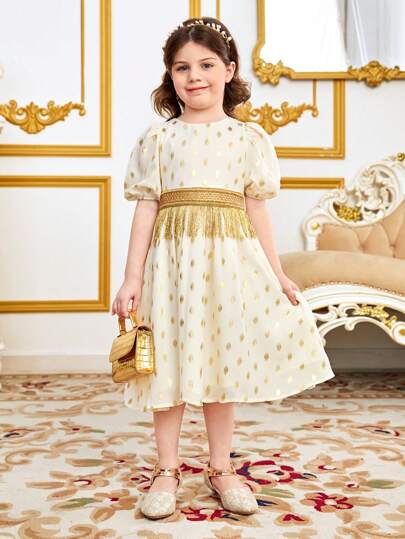 SHEIN Leap Crew 年輕女孩波點泡泡袖裙子，帶有金屬絲帶細節和圓領